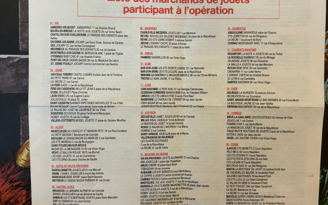 LE MESSAGE COSMIQUE DE MUSCLOR- LISTE DES MARCHANDS DE JOUETS PARTECIPANT A L’OPERATION